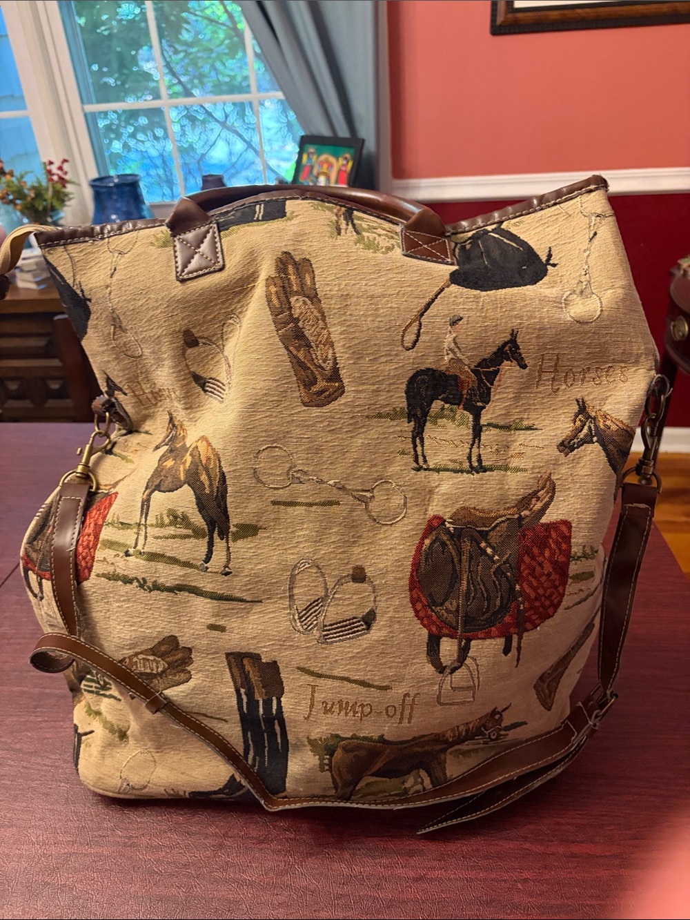 Vintage Oleg Cassini Beige Equestrian-Print Canvas Tote with Brown Trim - Picture 7 of 13